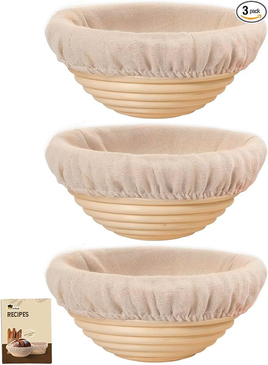 Banneton Bread Proofing Basket, Proofing Basket for Sourdough Bread Baking, Indonesian Rattan Bread Bowl Sourdough Bread Baking Supplies with Linen Liner (5" Round Basket x 3)