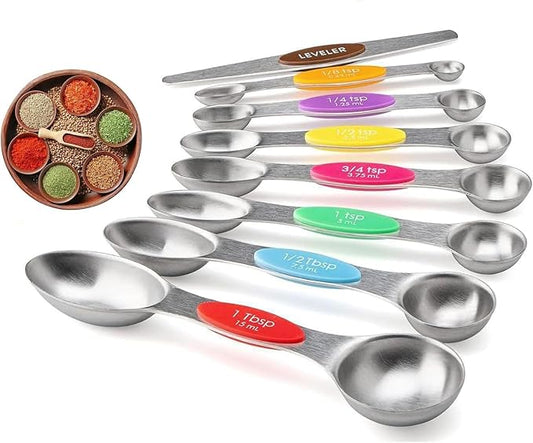 8-Piece Measuring Magnetic Spoons Set with Leveler - Stainless Steel for Measuring Dry and Liquid Ingredients, Double Ended, Stackable & Nested Fits in Kitchen Spice Jars for Baking & Cooking