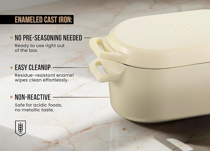 Kook Oval Dutch Oven, for Bread Baking, Sourdough Loaf Pan, Dual Handles, Enameled Cast Iron, with Sling, Dishwasher Safe, 3.4 Qt, Ivory