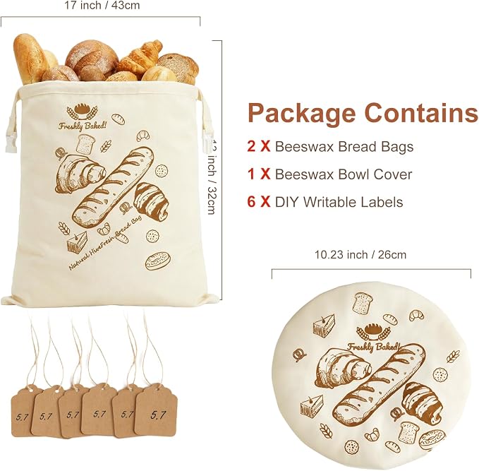 Beeswax Bread Bags 2 Pack Reusable Sourdough for Homemade, Large Washable Cotton Linen Food Storage with Removable Wax Liner, Plastic Free 17x13 Inch