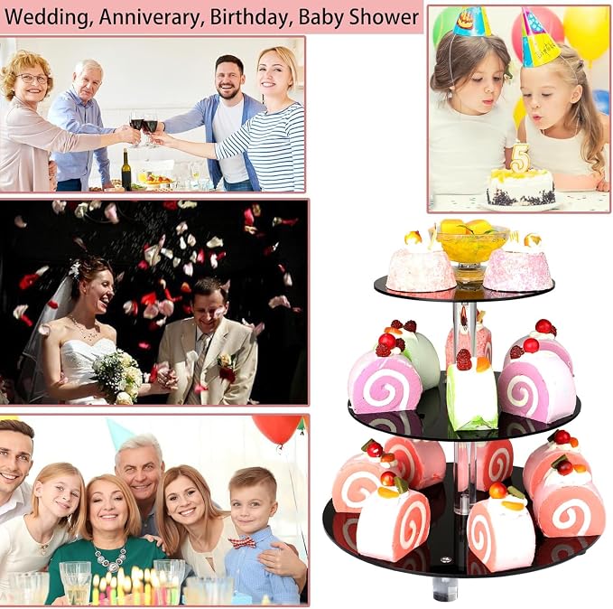 3 Tier Acrylic Cupcake Stand, , Clear Dessert Tower Holder Display with Base for Baby Shower, Birthday Party,Wedding,Christmas,Reception (Black)