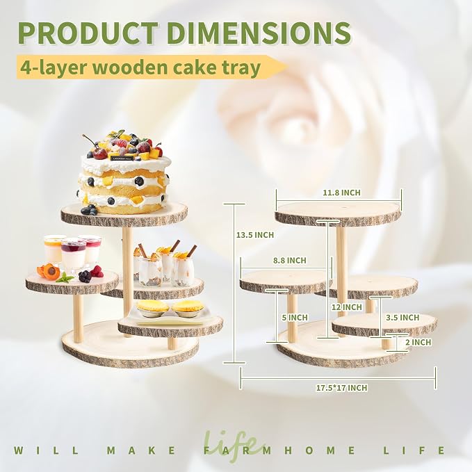 GENMOUS 4 Tiered Round Cake and Cupcake Stand Combo for Birthday Party Decor, Rustic Wooden Cupcake Tower Stands for 50 Cupcakes, Farmhouse Cupcake Tier Stand Display for Wedding Baby Shower Tea Party