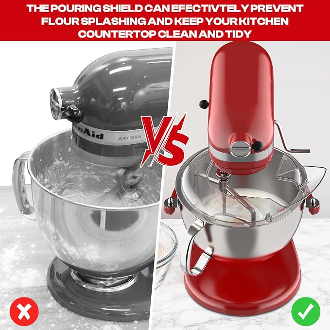 Pouring Shield for KitchenAid Mixer & Splash Guard Attachment - Compatible with 5.5-8QT Bowl-Lift Stand Mixers for KitchenAid