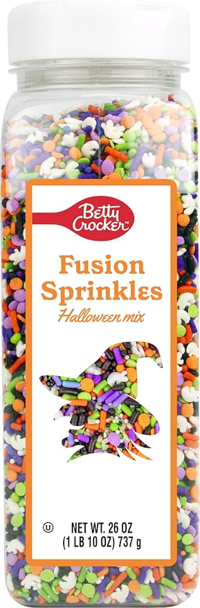 Betty Crocker Fusion Sprinkles Halloween Mix, Spooky Black, Orange, Green & Purple Sprinkles for Decorating Treats, Cookies & Cakes, – 26 oz Bottle