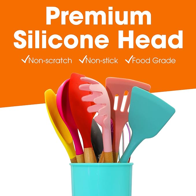 Cheer Collection 12 Piece Silicone Spatula Set with Wooden Handles - Non-Stick Silicone Utensils for Cooking, Multicolor