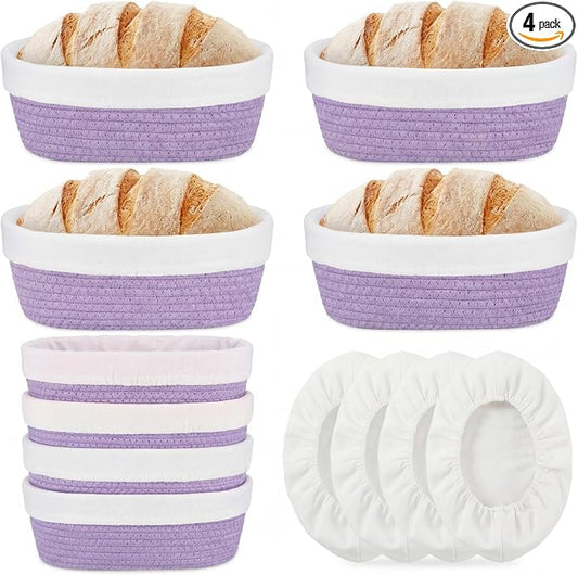 4 Pcs 10 Inch Cotton Rope Banneton Bread Proofing Basket Set Oval Banneton Basket Sourdough Bread with Liners Covers for Baking Supplies (Purple)