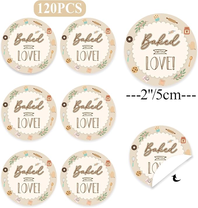 Baked with Love Stickers 120Pcs, 2 Inch Round Baking Labels for Homemade Goods, Bakery Packaging, Cookie Bags, Thank You Gifts, Small Business Packaging & Party Favors (Baked with Love)