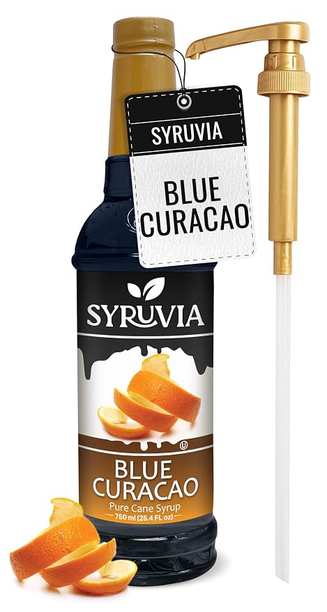 Syruvia Blue Curacao Syrup, Flavored Syrup for Cocktails, Drinks, Lemonades, Iced Teas, and Desserts – 25.4 fl oz - with Pump