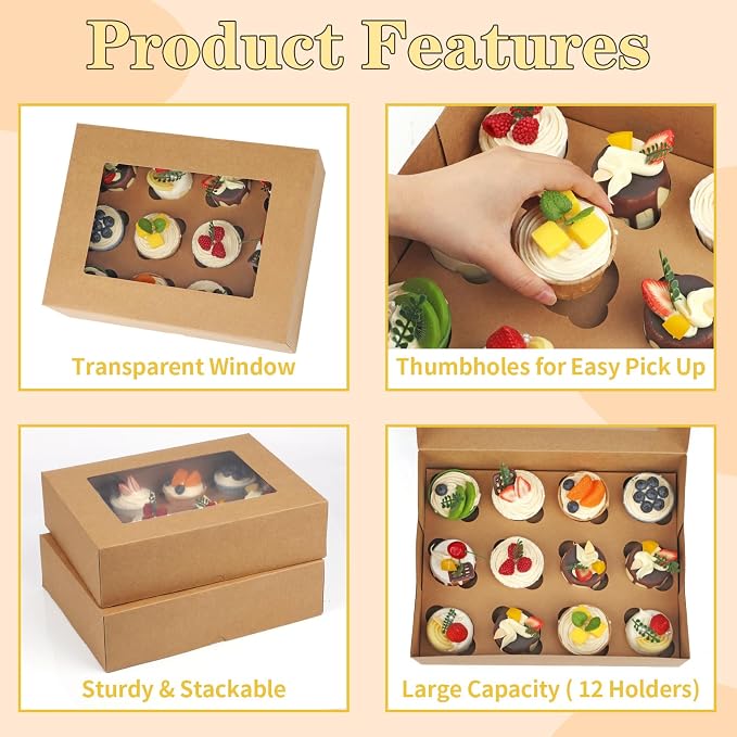 Cupcake Box, Disposable Cupcake Container Bulk, Auto-pop up, 2 Pcs, Brown | Cupcake Holder Holding 12 Count Cupcakes, Cupcake Carrier with Window, Easy To Assemble, Transport and Store Cupcake, Sturdy