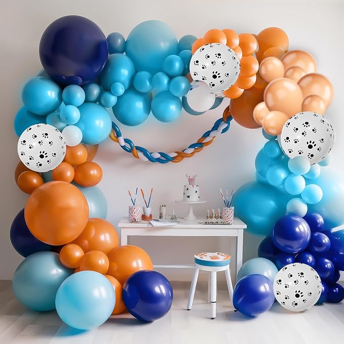 Orange Blue Beige Balloons Garland Kit, Navy Blue Light blue and orange Balloon Arch Kit with Dog Paw Printed Balloon, Orange Blue Apricot Balloons for Puppy Paw Themed Boy Birthday Party Decorations