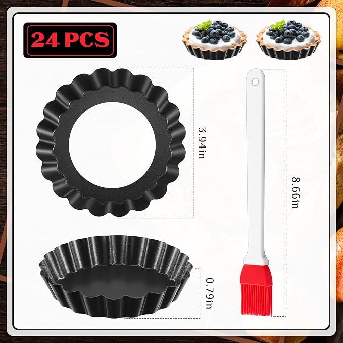 Patelai 24 Pieces Mini Tart Pans 4 Inch with Removable Bottom Round Nonstick Quiche Pan Heavy Duty Fluted Sided Small Tart Tins Mold for DIY Kitchen Baking Pies, Mousse Cakes, Muffins, Fruit, Desserts