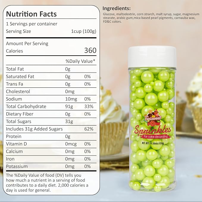 Twisweet Green Pearl Sprinkles for Cake Decorating, Edible Sugar Pearls for Baking, Mix Size, Cake Topper Cupcake Cookie Ice Cream Dessert Decorations, Easter Birthday Summer Party Supplies (130g/4.58oz)