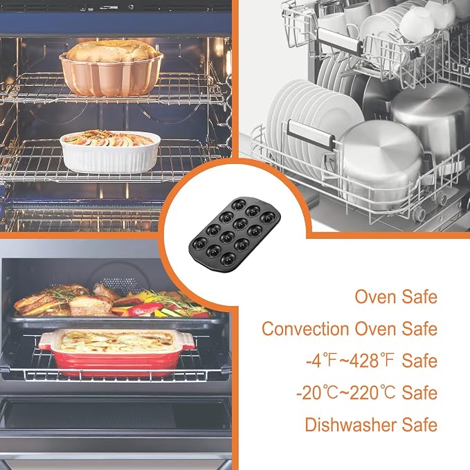 CHEFMADE Donut Pan, Nonstick Mini 12 Cavity Ring Doughnut Pan for Baking Donuts Bagels, Set of 2 (Black)