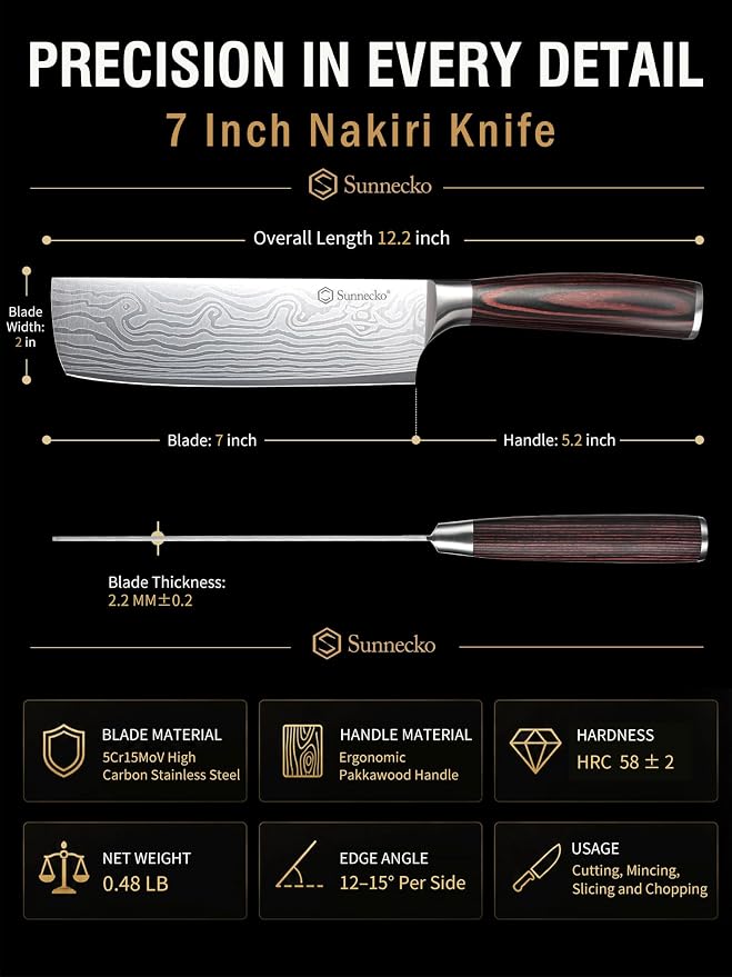 Sunnecko Japanese Nakiri Knife 7 Inch - 12° Edge Carbon Steel Chef Knife for Meat Vegetable Cutting Japanese Style, Full Tang Forged Blade Knife with Sheath, Kitchen Gift for Father Home Cooks & Pros