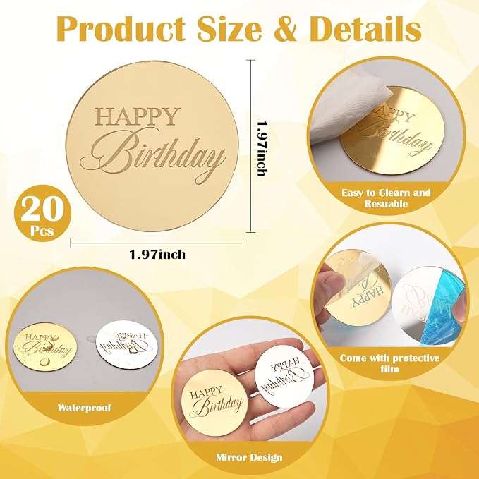 20pcs Gold Birthday Cupcake Toppers Acrylic Cake Picks for Party Decor | Mirror Design Birthday Party Supplies Round Picks DIY Gifts Flower Bouquet Pastries Desserts Decor