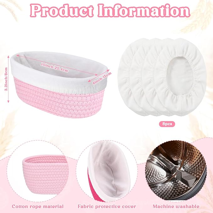 4 Pcs 10 Inch Tones Cotton Rope Banneton Bread Proofing Basket Set Oval Banneton Basket Sourdough Bread with Liners Covers for Baking Supplies (Pink)