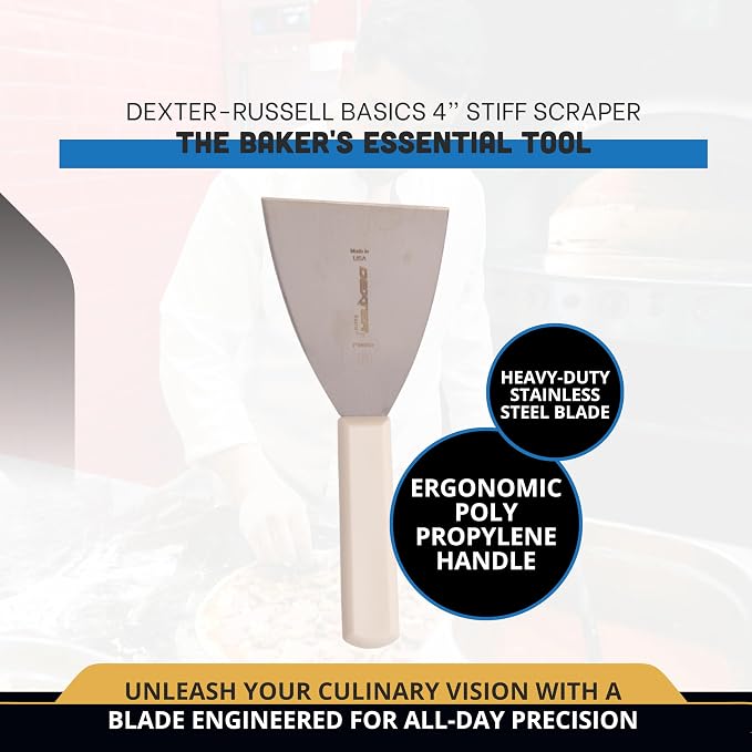 Dexter-Russell Basics 4” Stiff Scraper – P94850, Heavy-Duty Stainless Steel Blade with Ergonomic Polypropylene Handle, 8.5” Overall Length, NSF Certified, Made in USA
