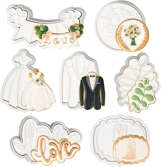 Love Cookie Cutters Set of 7 with Plunger Stamps Holiday Gifts Baking Cake PLA Kitchen Diamond Love Ring Shapes for Kids 3" Mold Supplies Biscuit Tools