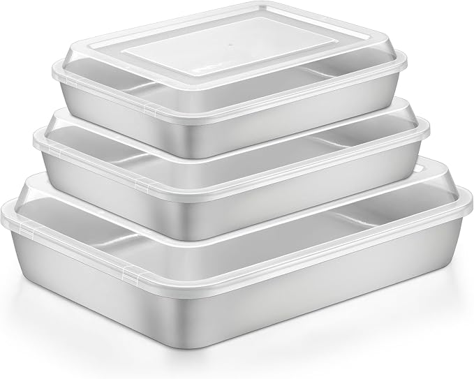 Herogo Cake Pan with Lid (3 Pans + 3 Lids), 9.4/10.5/12.4 Inch Rectangle Stainless Steel Baking Set Multisizes, for Brownies Casseroles Cakes, Dishwasher Safe
