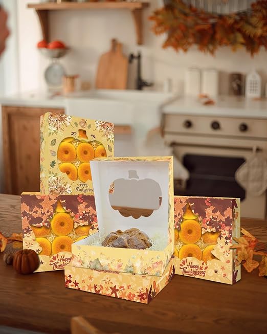 qiqee Thanksgiving Auto-pop Up 10x10x2.5 Inch Pie Boxes with Window Pumkin Leaves 12Packs Cookie Donut Bakery Box