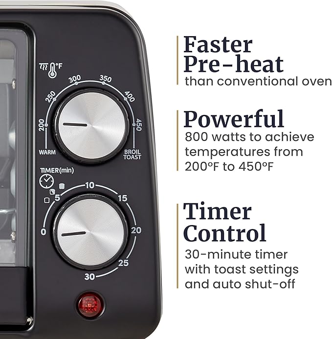 Elite Gourmet ETO449 Countertop Toaster Oven, 9.5Qt / 4-Slice Capacity, Fits 8'' Pizza, 800W Quartz Heating, 200–450°F Adjustable Temperature, 30-Min Timer, Compact Mini Oven w/Bake Pan & Rack, Black