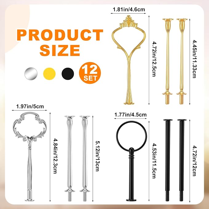 Patelai 12 Sets 3 Tier Cake Stand Hardware Tiered Tray Plate Hardware Kit Heavy Metal Cake Fruit Food Plate Stand Fitting Stacking Kit for Serving Dessert Cupcake Dish (Cute,Black,Silver,Gold)