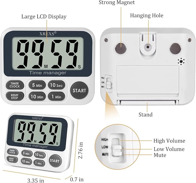 XREXS Digital Kitchen Timer, Magnetic Countdown Up Cooking Timer with Large LCD Display, Adjustable Volume, Loud Alarm & Strong Magnet for Teachers (Batteries Included)