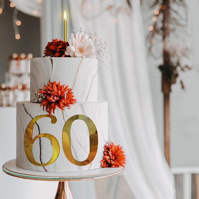 3.7IN Gold Acrylic Number 1-10 Cake Topper with 12 Gold Long Candles - Perfect for Birthday Party Supplies, Ideal for Cake Decoration (Number 60, Gold)