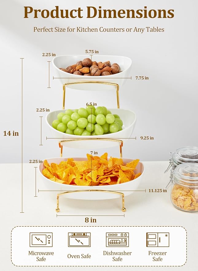 Fruit Bowls for Kitchen Counter, 3 Tier Ceramic Fruit Basket with Serving Bowls Metal Stand, Tiered White Porcelain Bowls for Fruit Vegetable Storage, Snack, Nuts, Cake, Dessert
