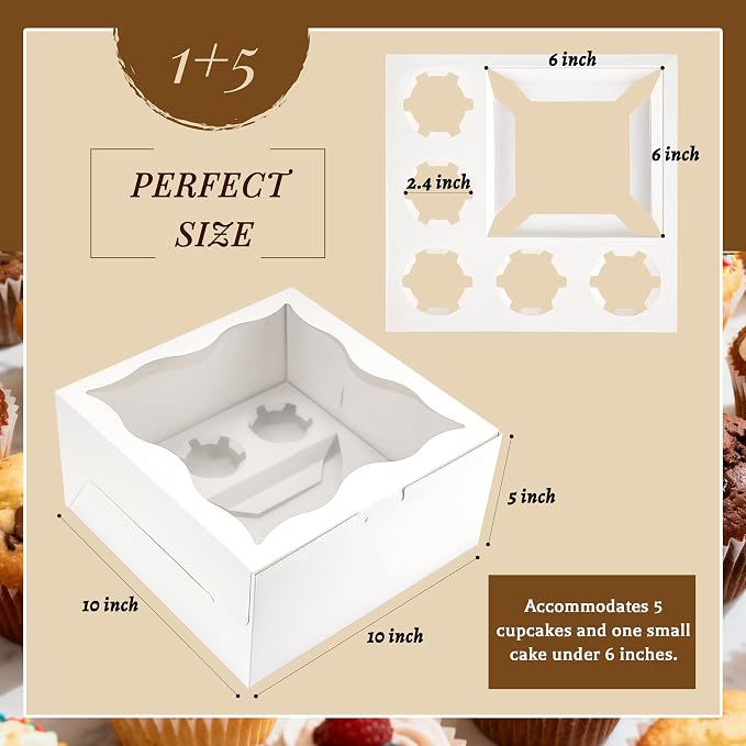 8 Packs Bento Cake Box with Cupcakes, 1+5 Cupcake Box Combo with Clear Window,Fit 5 Cupcakex and 1 Mini Cake for Wedding Birthday Party Baby Shower Baking Supplies