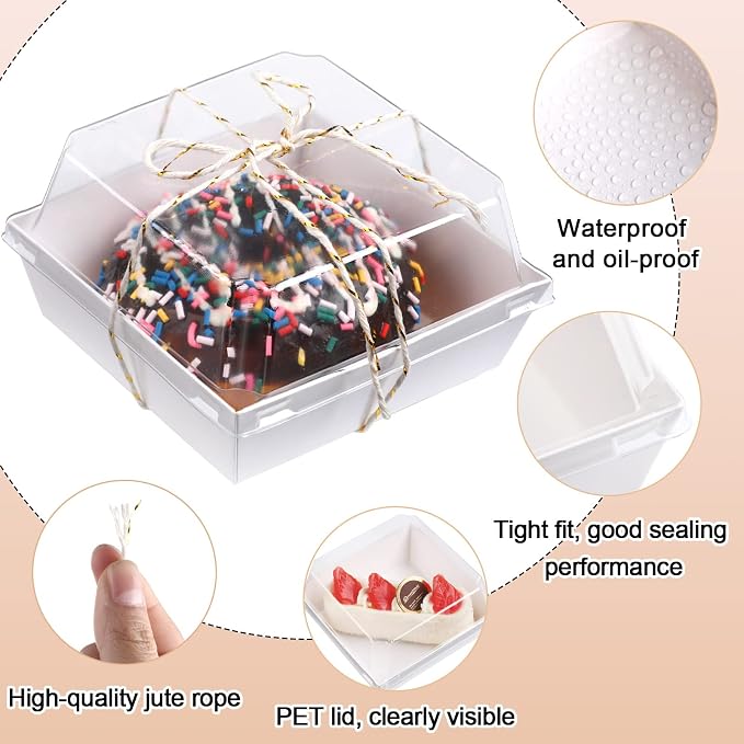 Jetec 200 Pack Charcuterie Boxes with Clear Lids and Rope 4 Inches Cake Disposable Square Dessert Food Box Containers with Lids for Bakery Macaron Cookies Strawberries Fruits Display (White)