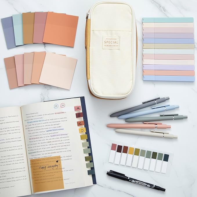 Jutom 39 Pcs Aesthetic Book Annotation Kit Highlighter with Case Bag Gel Pen Transparent Sticky Note Taking Bible Supplies(Khaki,Cute Style)