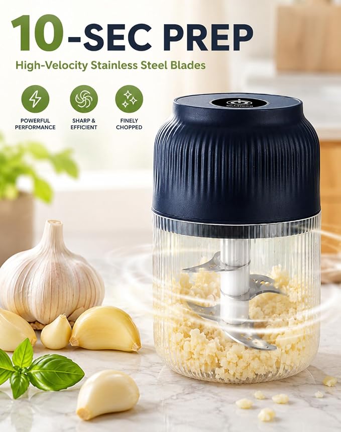 Household Electric Garlic Crusher, Mini Cordless Food Chopper，Blue：300ML | USB Rechargeable Vegetable Dicer for Ginger, Chili, Nuts, Waterproof & Whisper-Quiet Prep Tool