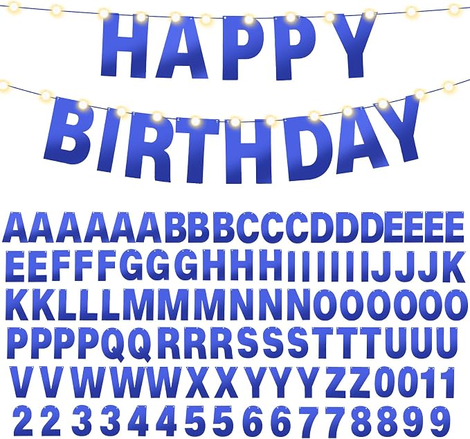 TaoBary 112 Pcs DIY Letter Kit Glitter Customizable Banner Letters Include 107 Letters and Numbers 3 Rope and 2 Needles for Birthday Halloween Christmas Wedding Valentine Party Decor(Bright Blue)