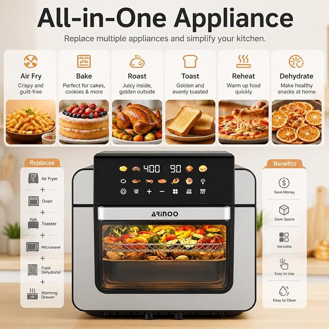 16 Qt Air Fryer Toaster Oven Combo with PFAS-Free Ceramic Coating | Viewing Window, 9 Presets, Top 1700W Bottom 1500W, Max 400°F, Nonstick Tray, Detachable Door, Black, Easy to Clean
