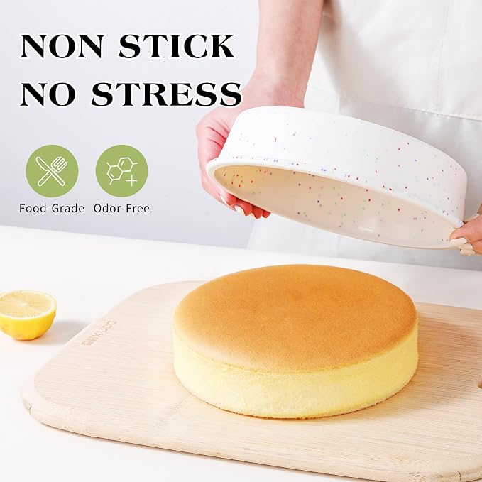 10 inch Silicone Round Cake Pans with Metal Reinforced Frame, Nonstick Cake Molds for Baking, BPA Free Set of 2 (Cream)