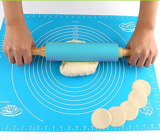 Silicone Rolling Pin, 9 Inch Green Rolling Pin with Wooden Handle for Kneading the Dough of Cookie, Baking Bread, Pizza and Noodles (Blue, 11.4 inch)