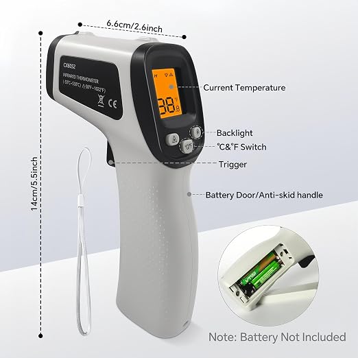 Infrared Thermometer Gun, Digital Laser Temperature Gun -58°F to 1022°F, Adjustable Emissivity, LCD Backlight, MAX/MIN Display, Non-Contact Thermometer for Pizza Oven, BBQ, HVAC, Griddle