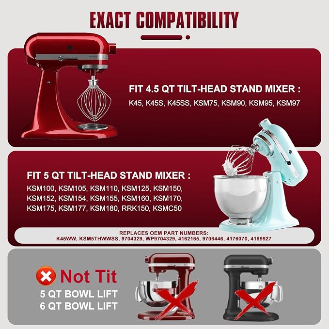 Whole Stainless Steel K45WW Whisk Attachment for KitchenAid 4.5-5 Tilt-Head Mixer, Dishwasher Safe Wire Whip for Kitchen Aid
