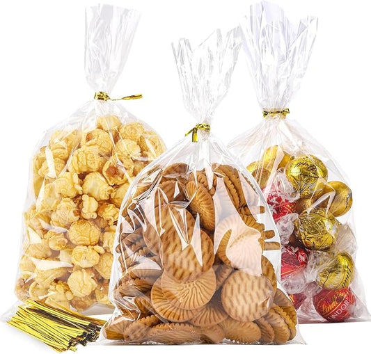 LOKQING Clear Cellophane Treat Bags 6 x 10 in, 100 Pack Gift Bag with Twist Ties, Bags for Cookies, Candy, Party Favors, Bakery Packaging and Graduation Gift Bags