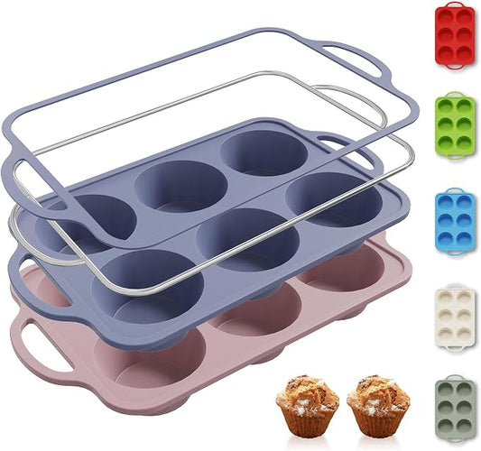 2 Packs 6 Cups Silicone Muffin Pan with Metal Reinforced Frame Jumbo Size Cupcake Pan Tray Egg Bites Silicone Circle Cookie Molds Extra Large Muffin Tin Tart Pans for Breakfast Sandwiches