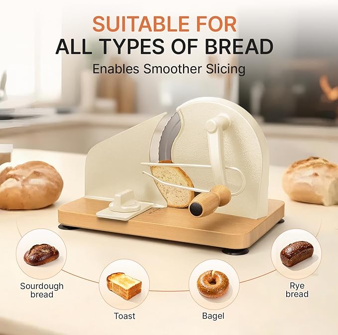 Upgraded Manual Bread Slicer for Homemade Sourdough Bread Adjustable Thickness Bread Cutter with Metal Guide,Hand Crank Bread Slicer with Scale Line&Suction Base,for Perfect Even Slices