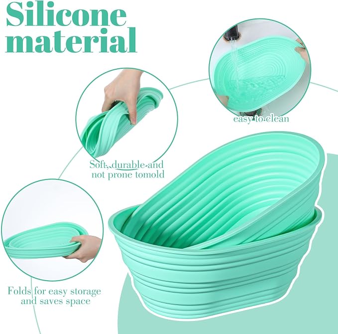 4 Pcs Oval Proofing Basket Set, 9.6 Inch Silicone Sourdough Bread Basket, Foldable Non-Stick Dough Proofing Bowl for Baking, BPA-Free, Green