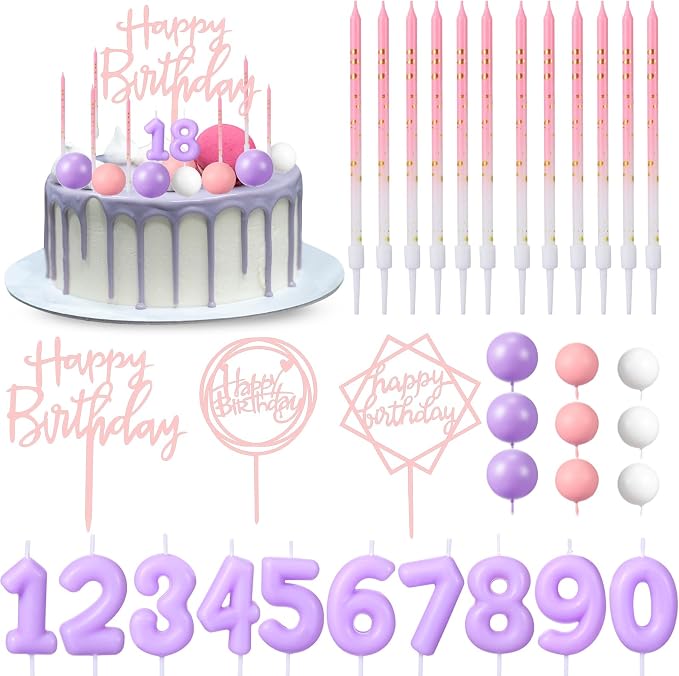 Yerliker 34 Pcs Happy Birthday Cake Toppers Decorations Birthday Candles DIY Cake Decor for Men Women Wedding Anniversary(Purple Pink)