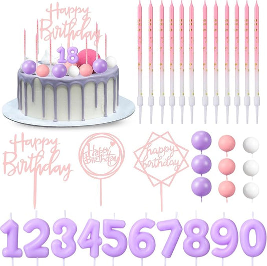 Yerliker 34 Pcs Happy Birthday Cake Toppers Decorations Birthday Candles DIY Cake Decor for Men Women Wedding Anniversary(Purple Pink)