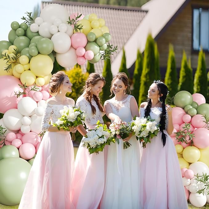 Sage Green Pink Yellow Pastel Balloon Arch Kit, 124Pc Dusty Green Macaron Blue and White Balloons for Goose Birthday Gender Decorations Baby Shower Wedding Decor