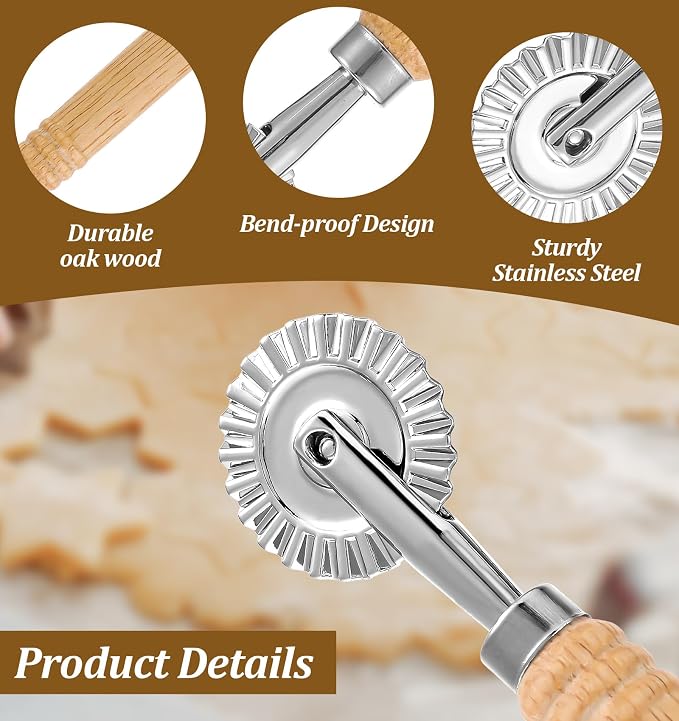 Fluted Pastry Wheel, Pastry Wheel Cutter Tool with Long Wooden Handle, Kitchen Cutter Tool for Pasta, Dumplings and Baking