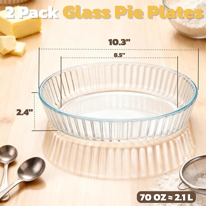 2 Pack Glass Pie Plates, 10 Inches Round Deep Baking Pie Dish, Clear Oven Safe Fluted Pie Serving Pan, Non-Stick Quiche Bakeware Set for Apple Pies, Tart, Salad, Dessert, Microwave & Oven Safe