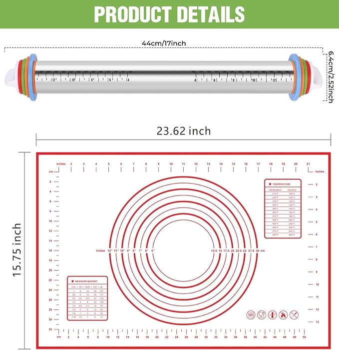 Adjustable Thickness Rings Rolling Pin & Silicone Baking Pastry Mat Set-Red | Stainless Steel Dough Roller,Baking Supplies for Cake Pop Cookie Fondant Pizza Cake Pasta