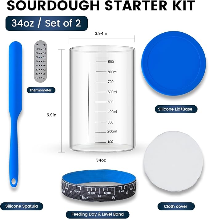 Adodeen Sourdough Starter Jar,Sourdough Starter Kit – 2 Pack 34oz Organic Sour Dough Glass Jars Wide Mouth,Fermenters Tool For Home Bakers,Bread Baking Supplies,Large Glass Container With Lid